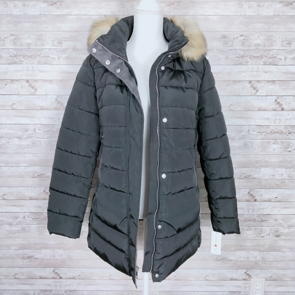 INC International Concepts Jackets & Blazers - INC Puffer Coat L Faux Fur Trim Black O